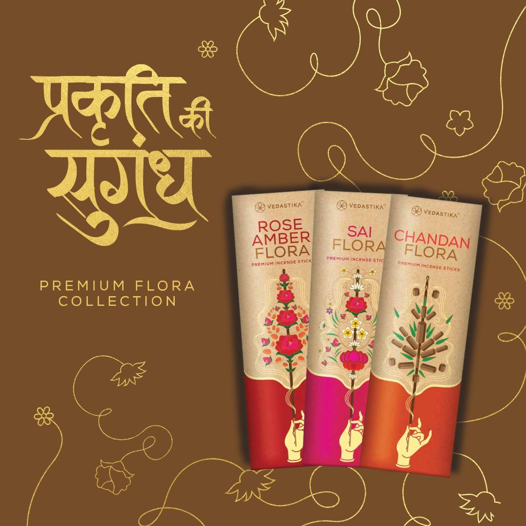 VEDASTIKA Premium Flora Collection Incense Sticks Set, Rose Amber, Sai Flora, Chandan Flora Fragrances, Hand-Rolled with Honey